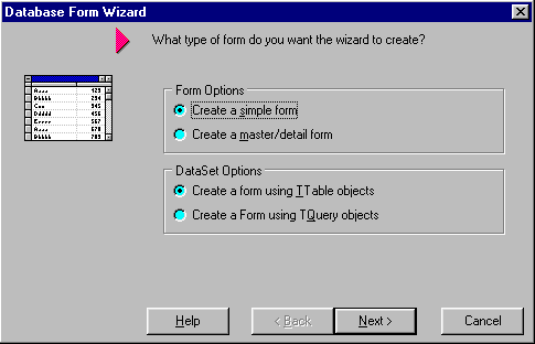 This is a screen shot of the Database Form Wizard